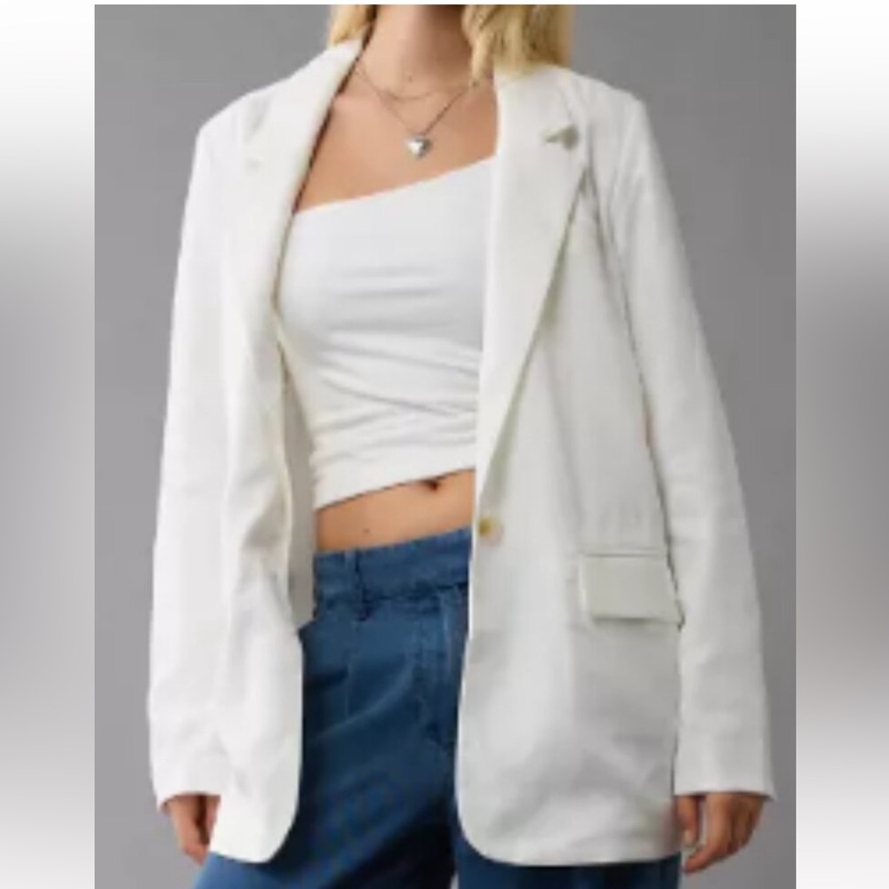 American Eagle M White Linen Blend Blazer
